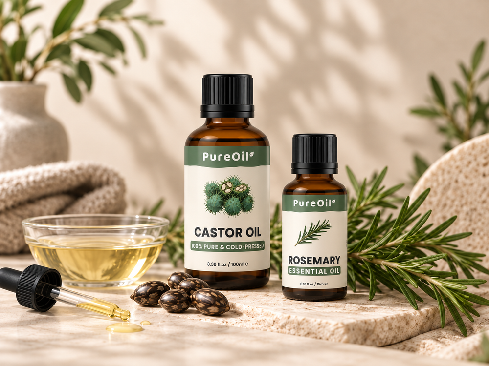 PureOil castorolie en rozemarijnolie voor een DIY haarolieroutine