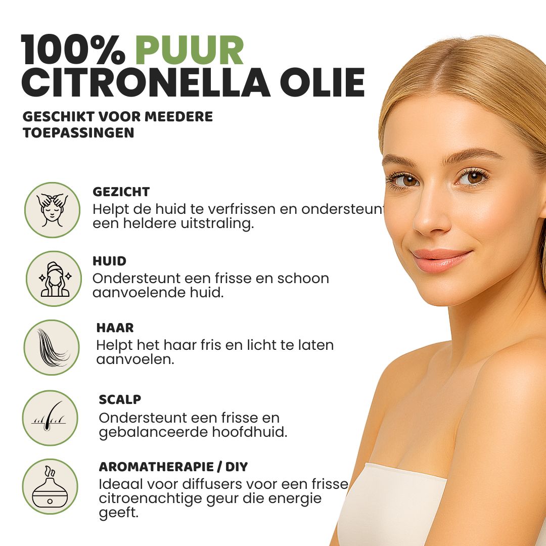 Citronella Etherische Olie 100% Puur & Stoomgedestilleerd