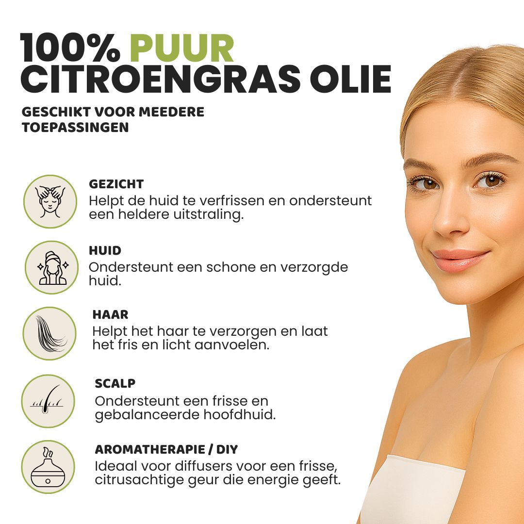 Citroengras Etherische Olie 100% Puur & Stoomgedestilleerd