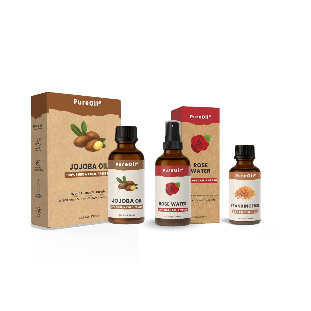 Skin Glow Set — Jojoba Olie • Frankincense Olie • Rosewater Spray