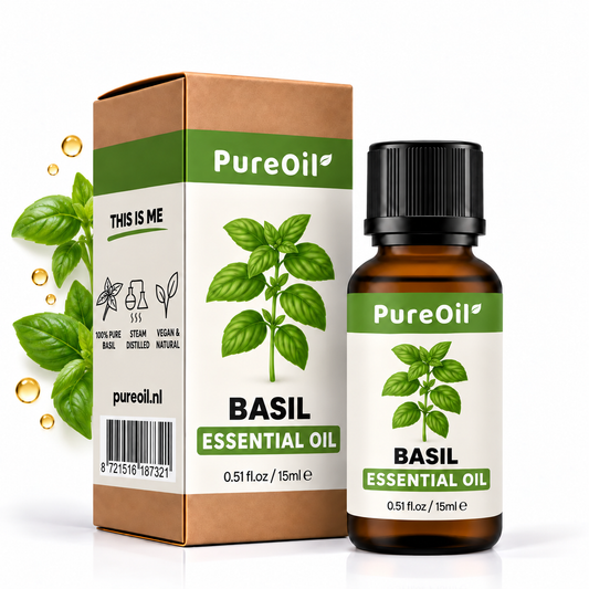 PureOil basilicum etherische olie 15 ml, verpakking en flesje met botanische ingrediënten en oliedruppels
