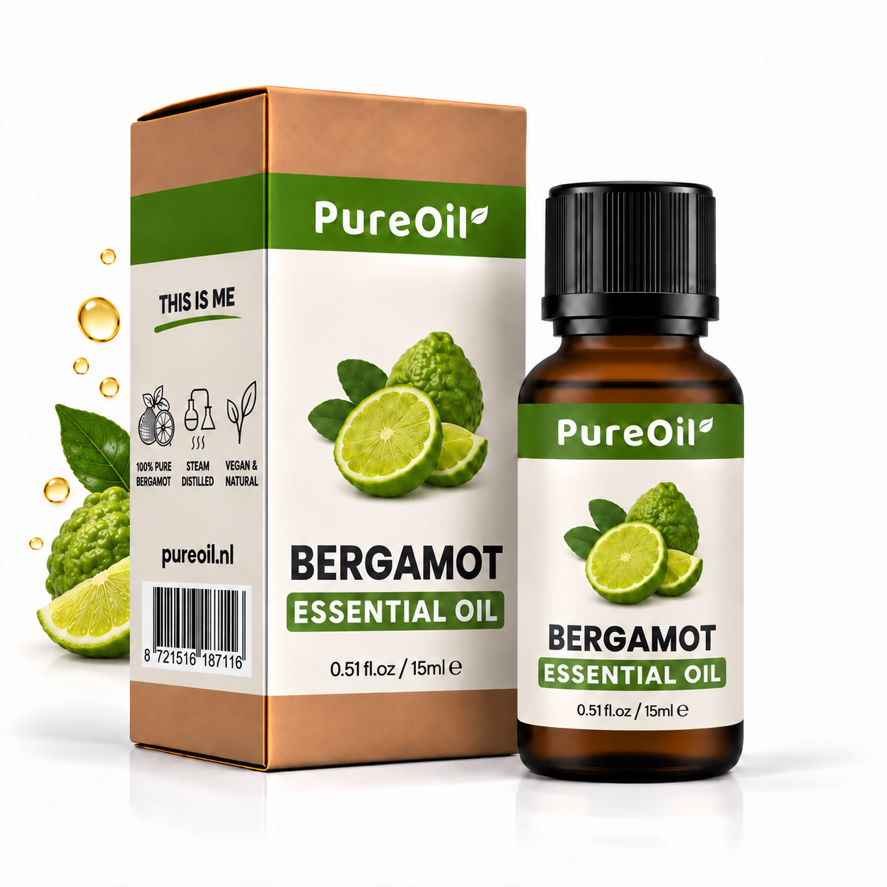 PureOil bergamot etherische olie 15 ml, verpakking en flesje met botanische ingrediënten en oliedruppels