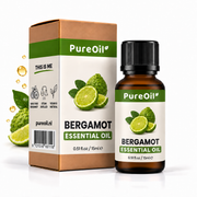 PureOil bergamot etherische olie 15 ml, verpakking en flesje met botanische ingrediënten en oliedruppels