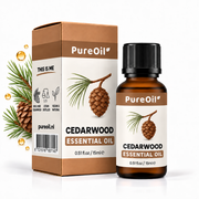 PureOil Cederhout etherische olie 15 ml met verpakking, ingrediënten en oliedruppels