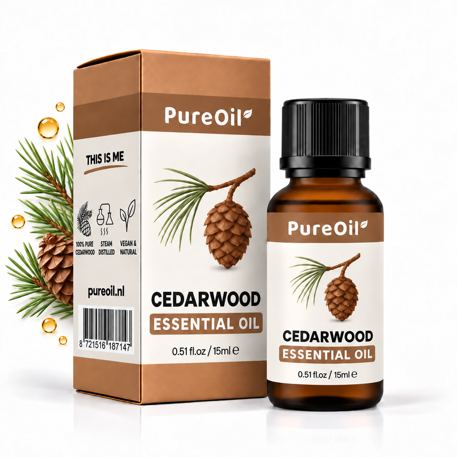 PureOil Cederhout etherische olie 15 ml met verpakking, ingrediënten en oliedruppels