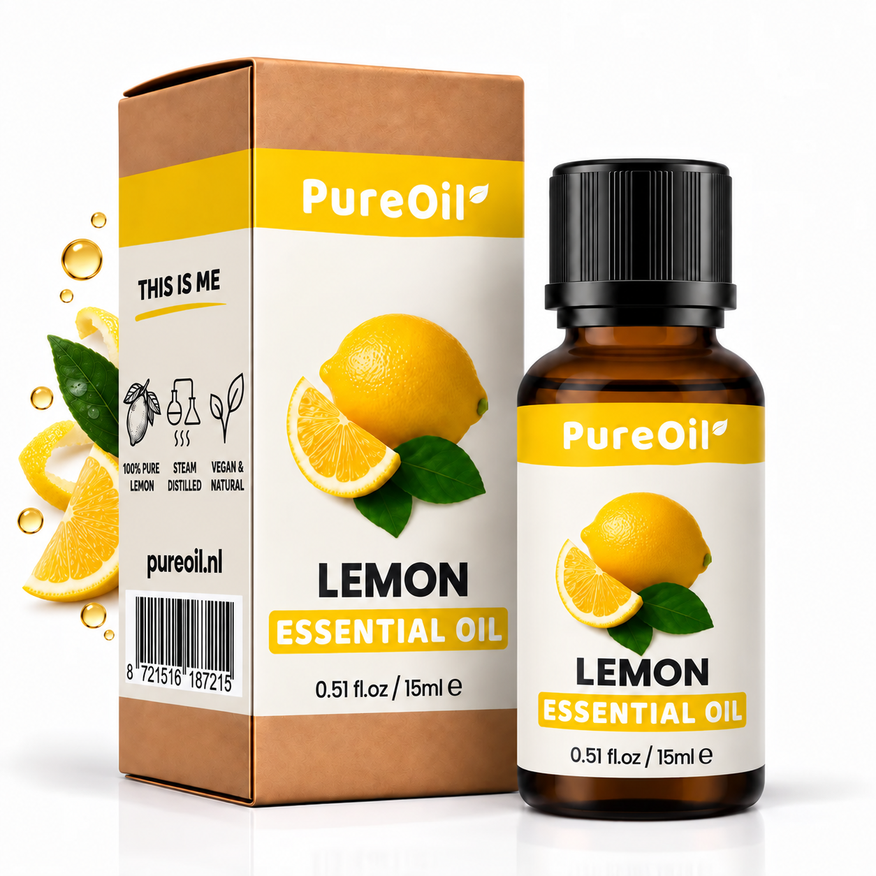 PureOil citroen etherische olie 15 ml, verpakking en flesje met botanische ingrediënten en oliedruppels