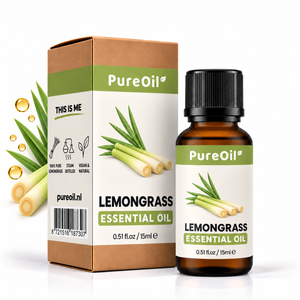 PureOil citroengras etherische olie 15 ml, verpakking en flesje met botanische ingrediënten en oliedruppels