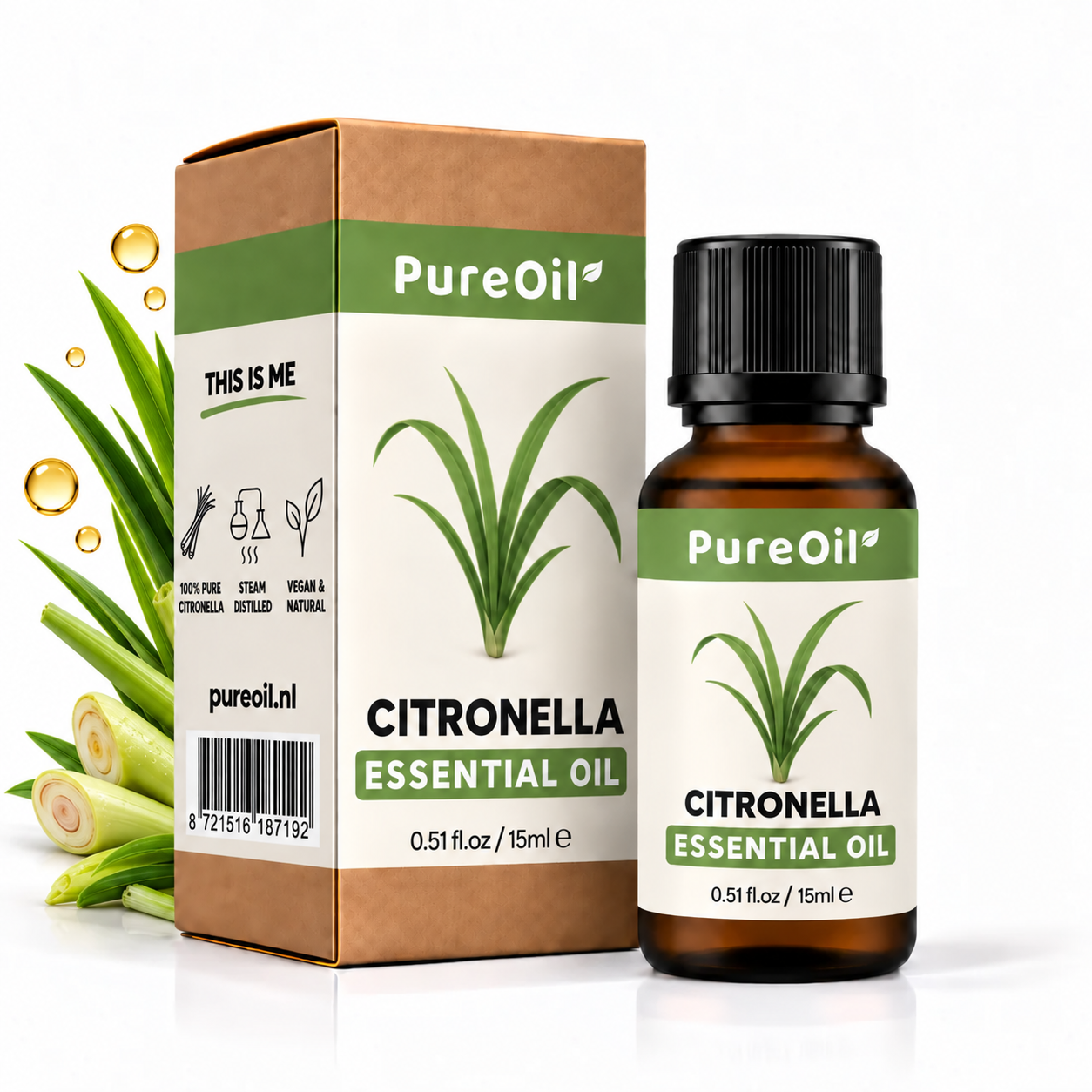 PureOil Citronella 15 ml, verpakking en flesje met subtiele botanische ingrediënten en oliedruppels
