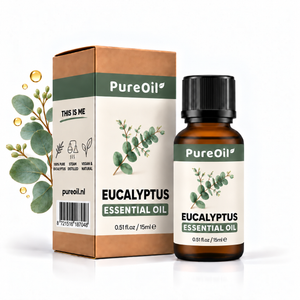 PureOil Eucalyptus etherische olie 15 ml met verpakking, ingrediënten en oliedruppels