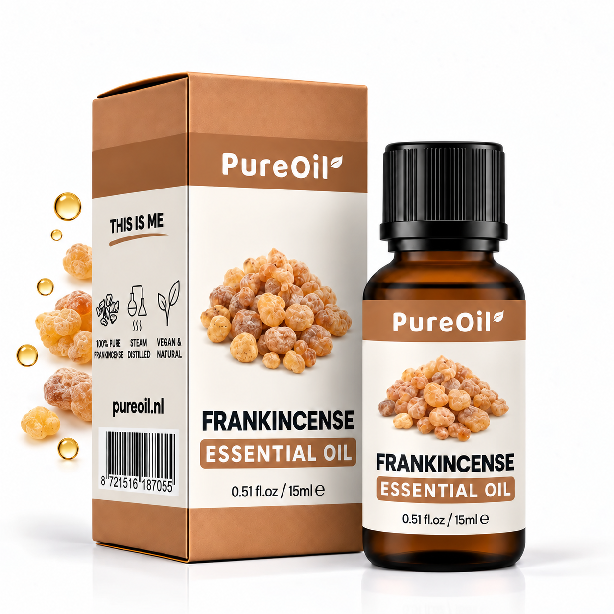 PureOil Frankincense etherische olie 15 ml met verpakking, ingrediënten en oliedruppels