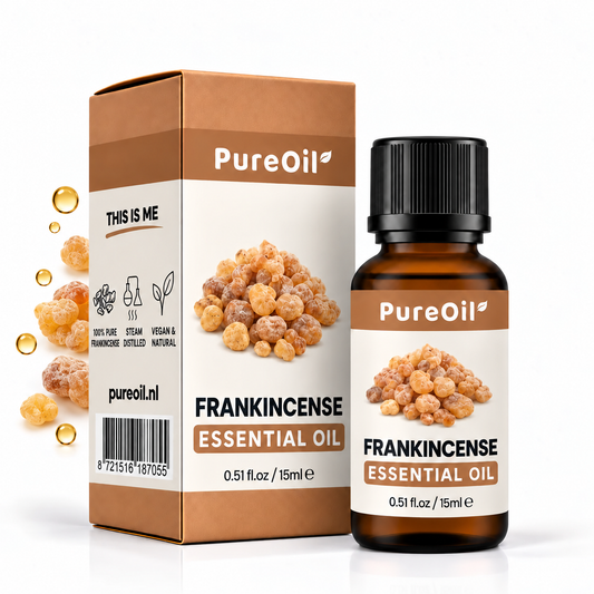 PureOil Frankincense etherische olie 15 ml met verpakking, ingrediënten en oliedruppels