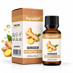 PureOil gember etherische olie 15 ml, verpakking en flesje met botanische ingrediënten en oliedruppels