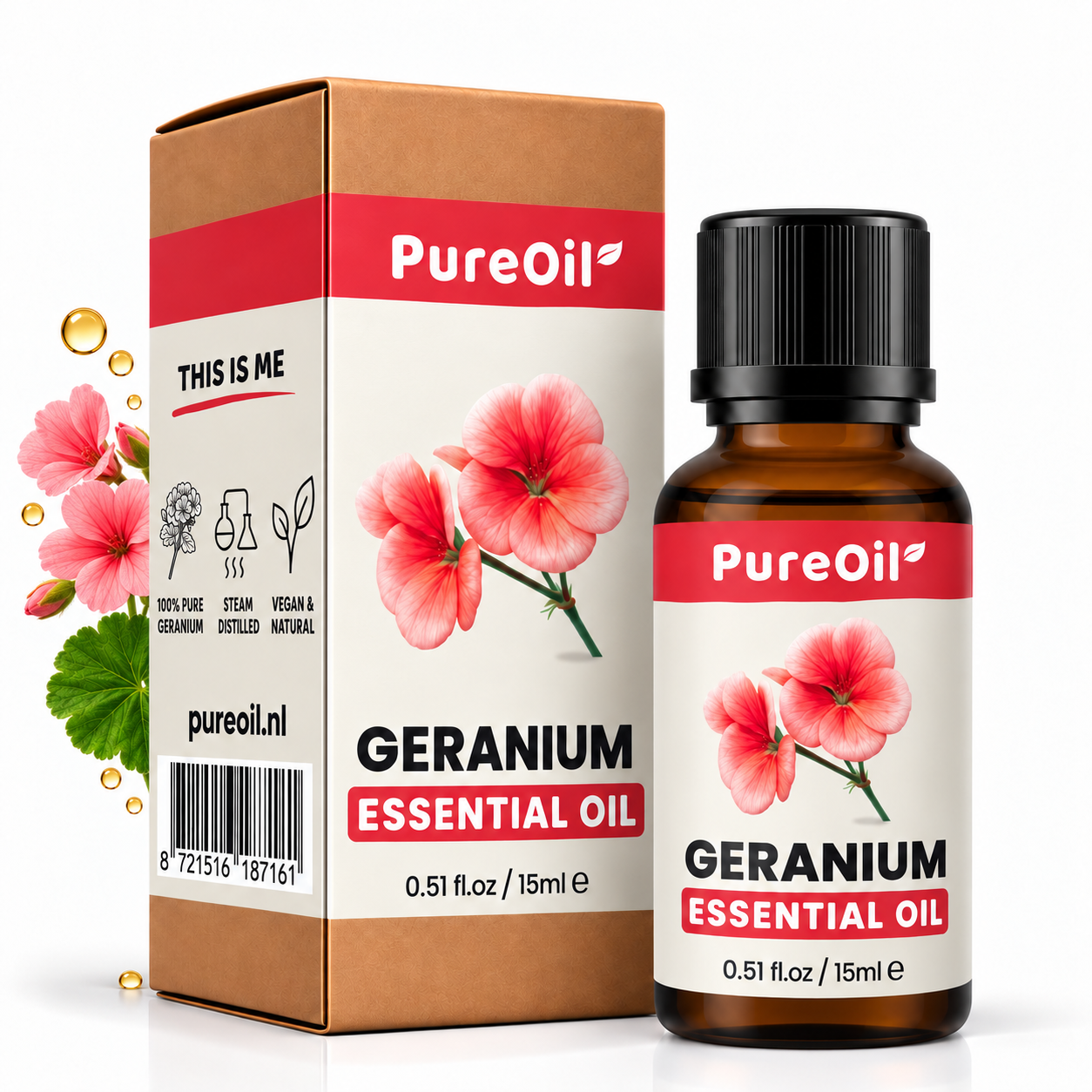 PureOil geranium 15 ml, verpakking en flesje met botanische ingrediënten en oliedruppels