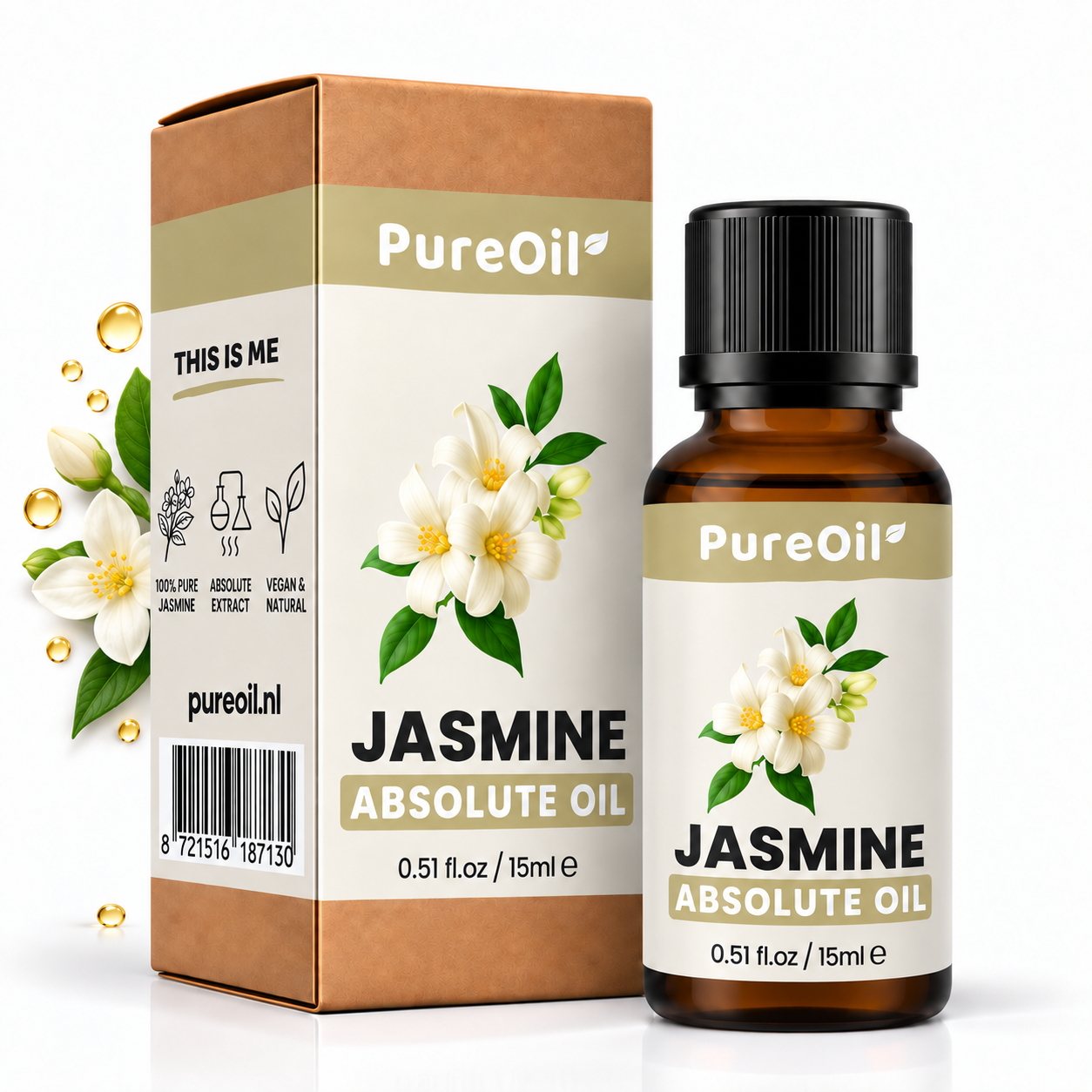 PureOil jasmijn 15 ml, verpakking en flesje met botanische ingrediënten en oliedruppels