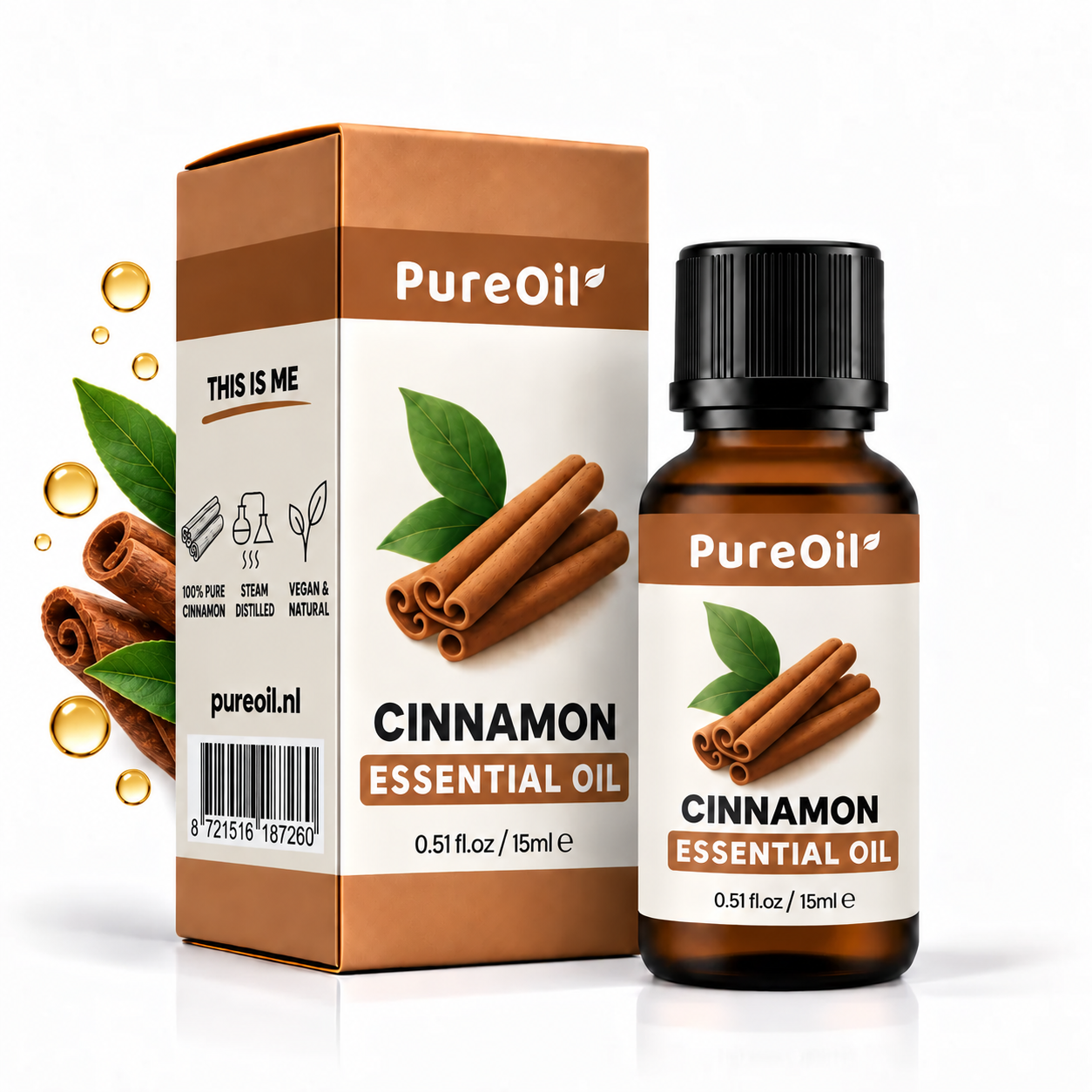 PureOil Kaneel 15 ml, verpakking en flesje met subtiele botanische ingrediënten en oliedruppels