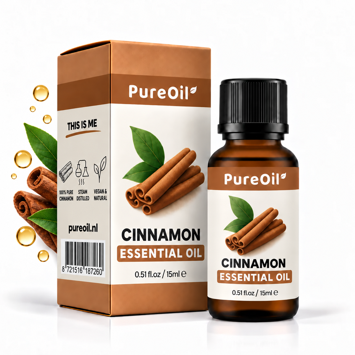 PureOil Kaneel 15 ml, verpakking en flesje met subtiele botanische ingrediënten en oliedruppels
