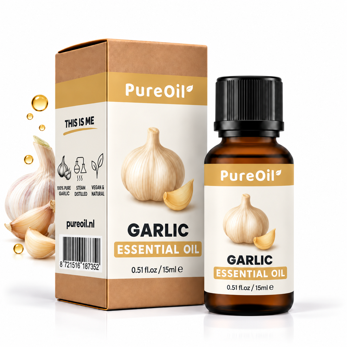 PureOil knoflook etherische olie 15 ml, verpakking en flesje met botanische ingrediënten en oliedruppels