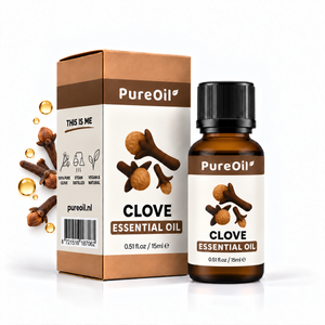 PureOil Kruidnagel etherische olie 15 ml met verpakking, ingrediënten en oliedruppels