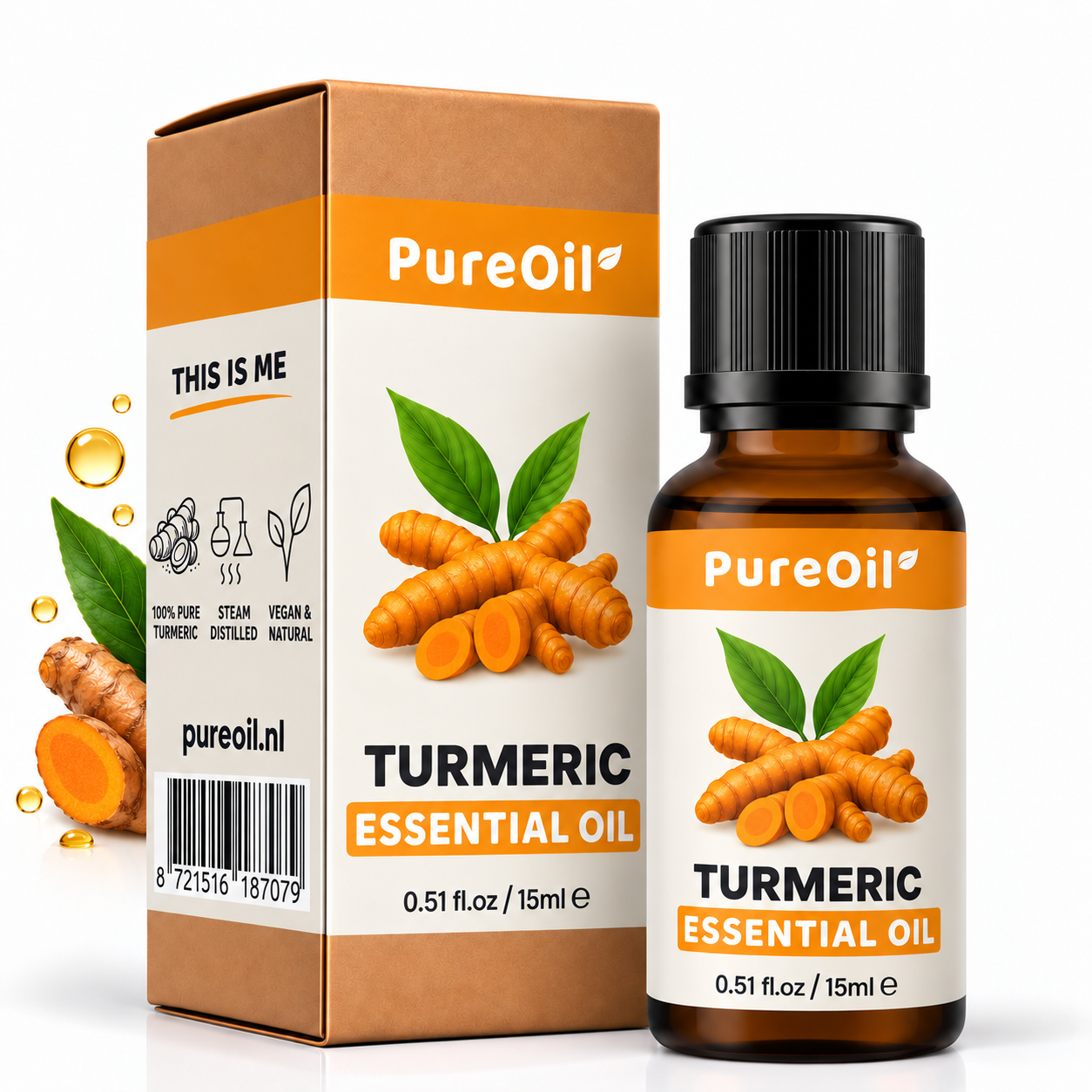 PureOil kurkuma 15 ml, verpakking en flesje met botanische ingrediënten en oliedruppels