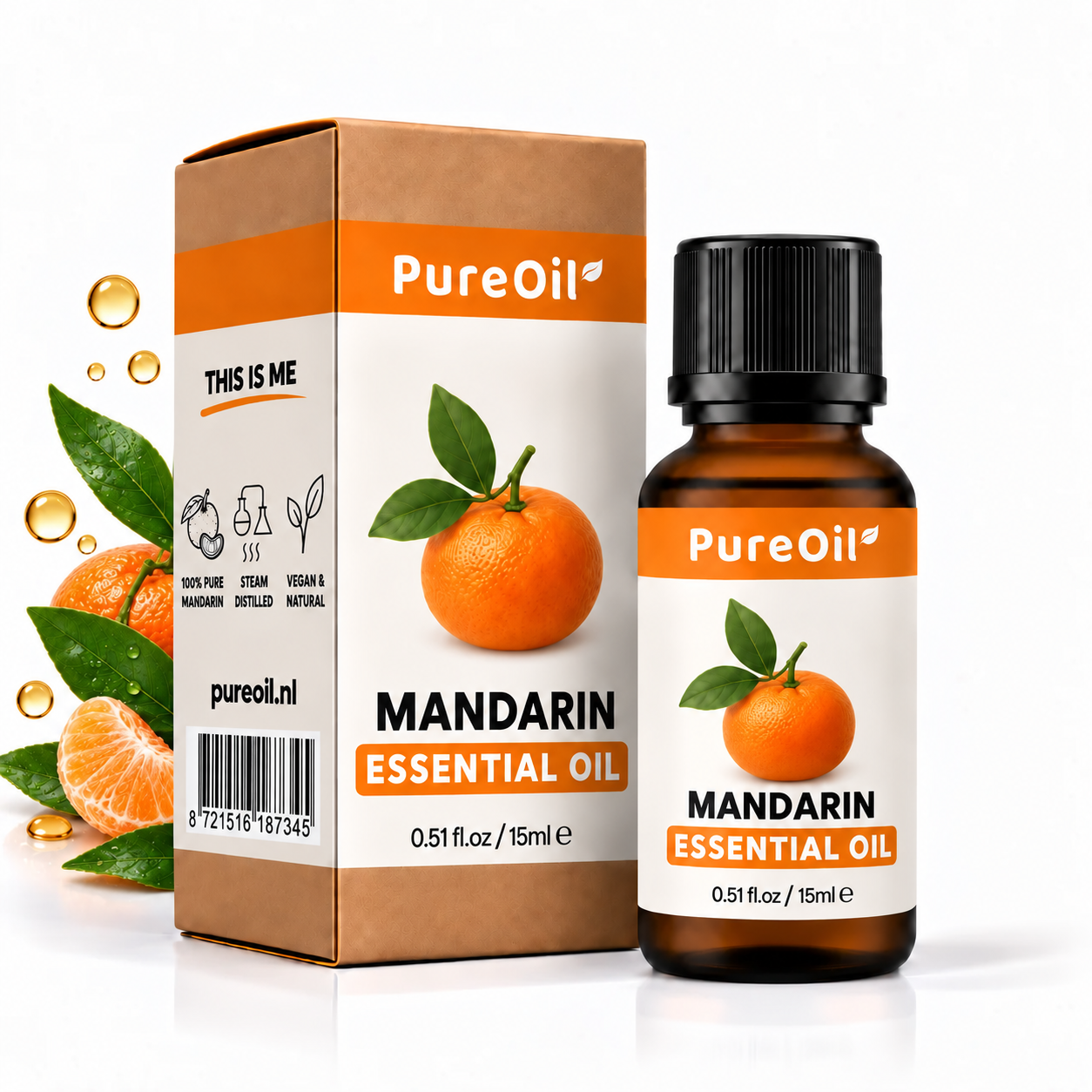 PureOil Mandarijn 15 ml, verpakking en flesje met subtiele botanische ingrediënten en oliedruppels