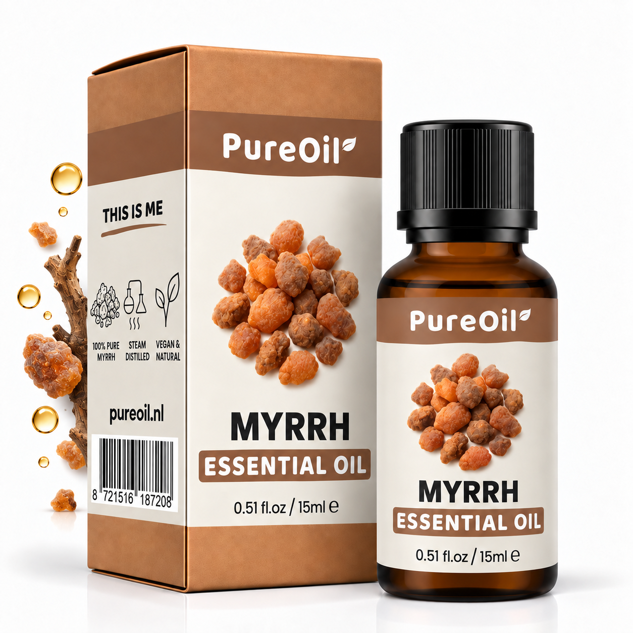 PureOil mirre 15 ml, verpakking en flesje met botanische ingrediënten en oliedruppels