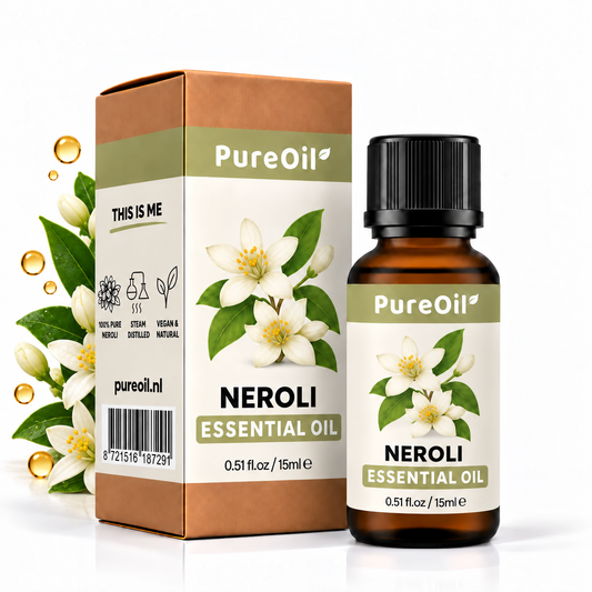 PureOil Neroli 15 ml, verpakking en flesje met subtiele botanische ingrediënten en oliedruppels