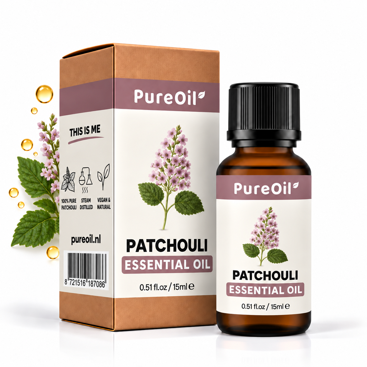 PureOil patchouli etherische olie 15 ml, verpakking en flesje met botanische ingrediënten en oliedruppels
