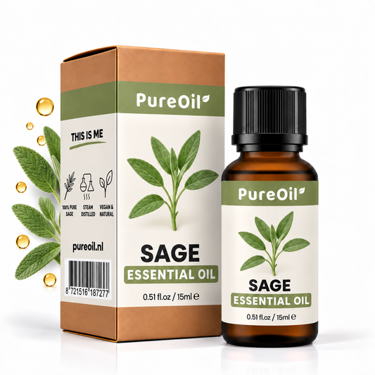 PureOil salie etherische olie 15 ml, verpakking en flesje met botanische ingrediënten en oliedruppels