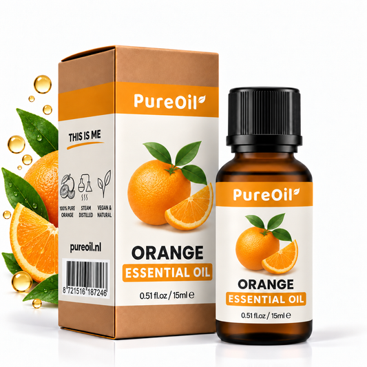 PureOil sinaasappel 15 ml, verpakking en flesje met botanische ingrediënten en oliedruppels