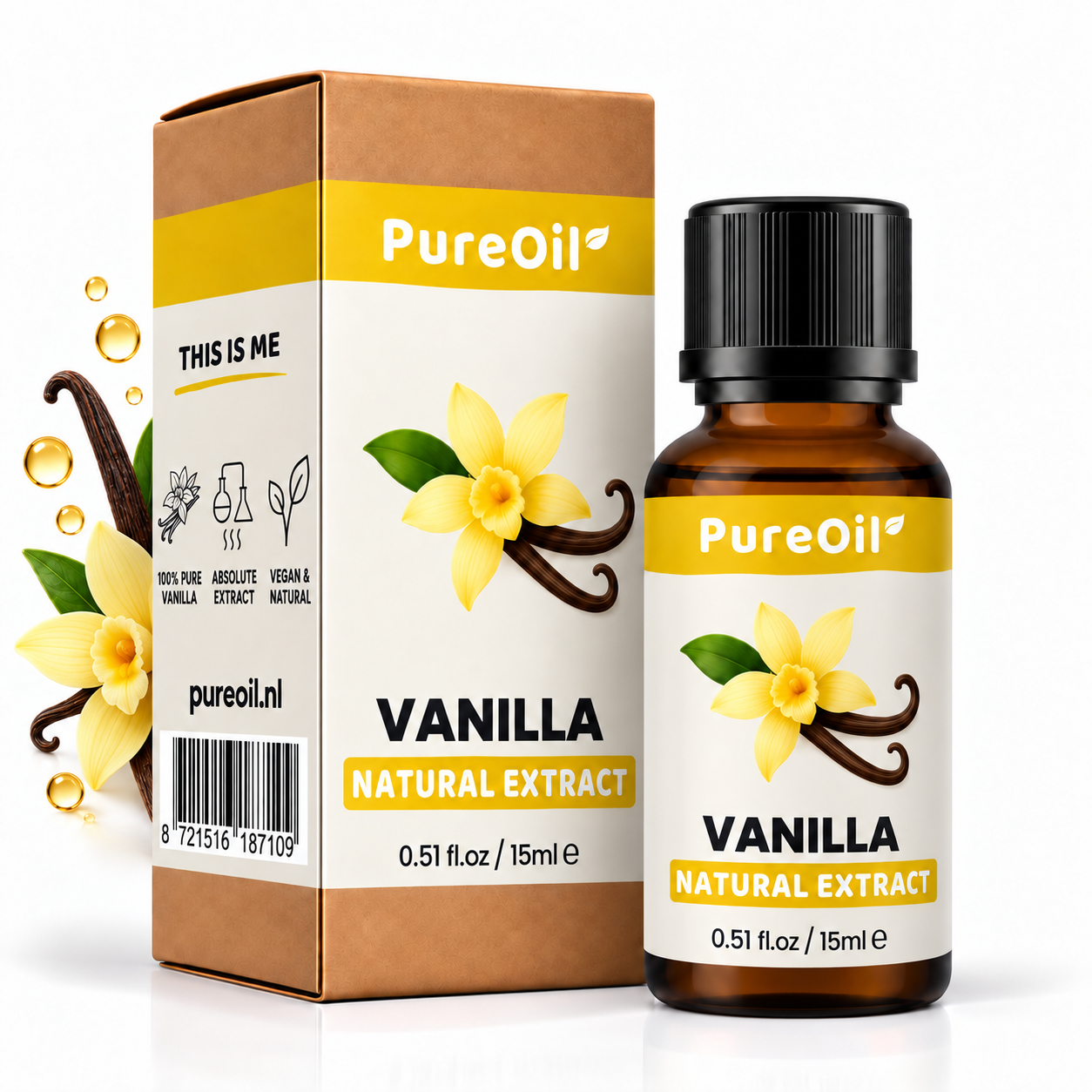 PureOil vanille 15 ml, verpakking en flesje met botanische ingrediënten en oliedruppels