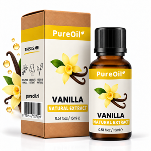 PureOil vanille 15 ml, verpakking en flesje met botanische ingrediënten en oliedruppels
