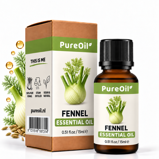 PureOil Venkel 15 ml, verpakking en flesje met subtiele botanische ingrediënten en oliedruppels