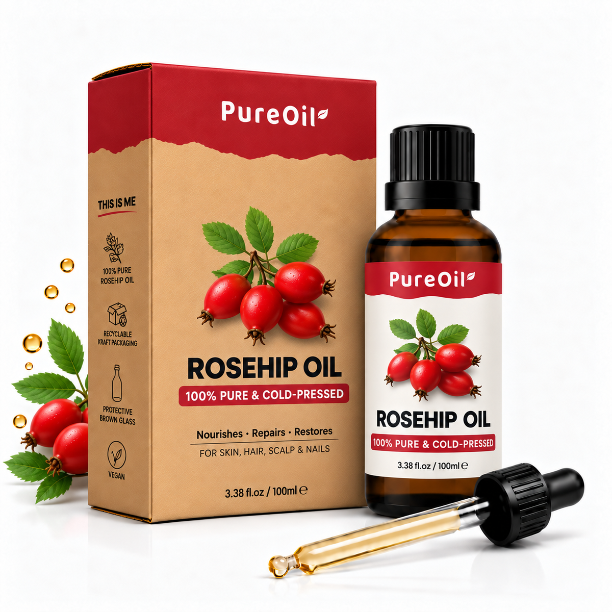 PureOil Rozenbottel olie 100 ml kraft verpakking